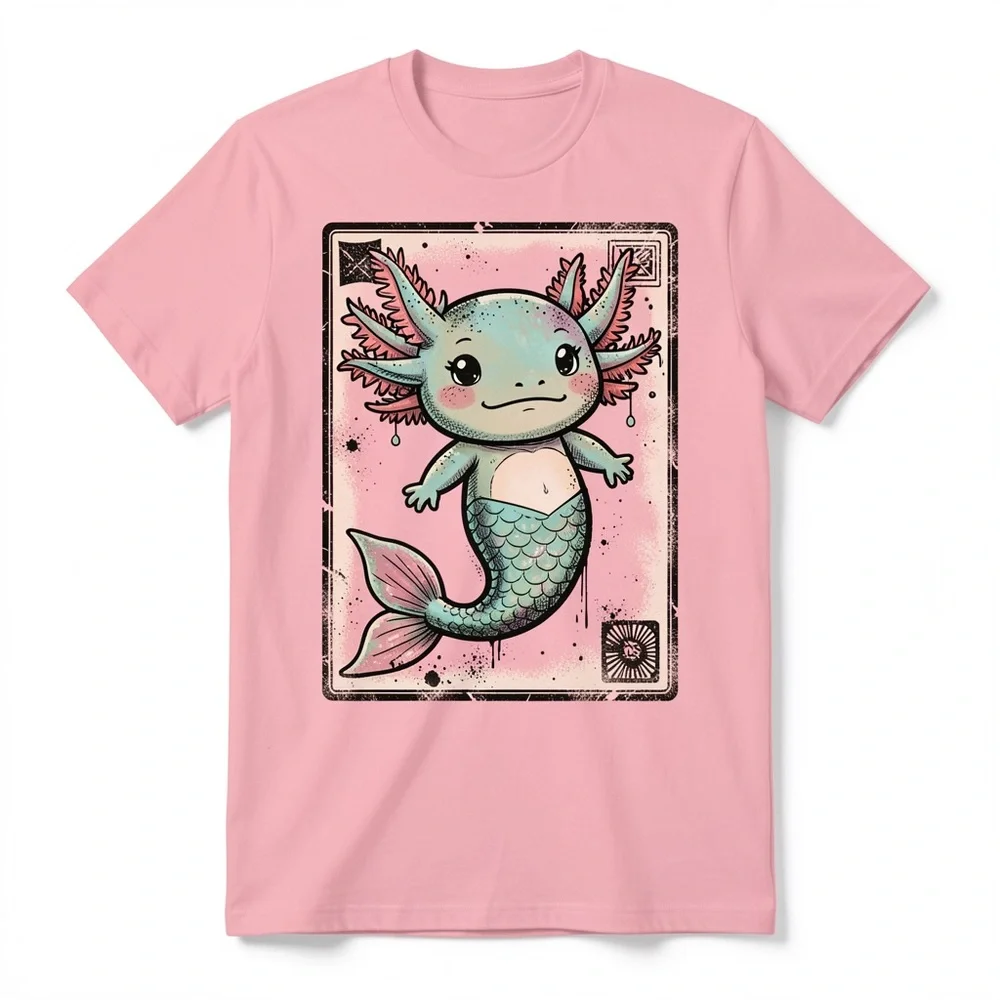 Gildan Pink Tee with Teal and Pink Axolotl-Mermaid Graphic
